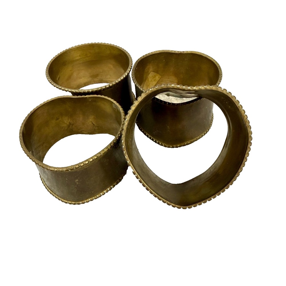 Vintage Solid Brass Heart Napkin Rings Set of‎ 4 Beaded Edge Made in India Gold